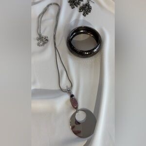 Hammered Black Jewelry Lot- Pendant, Bangle & Cascading Hook Earrings
